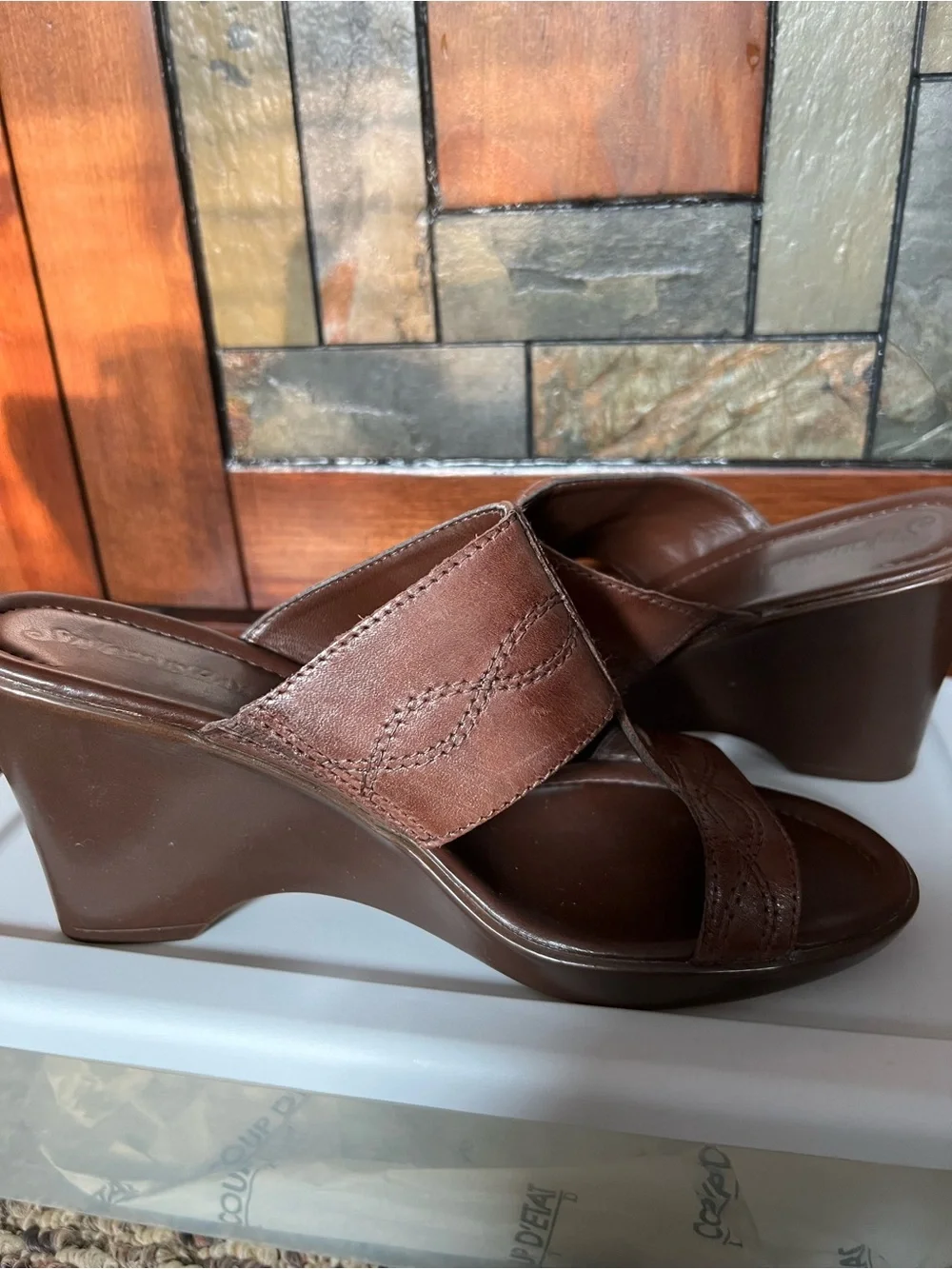 St. John's Bay Brown Leather Slip-On T-Strap Sandals